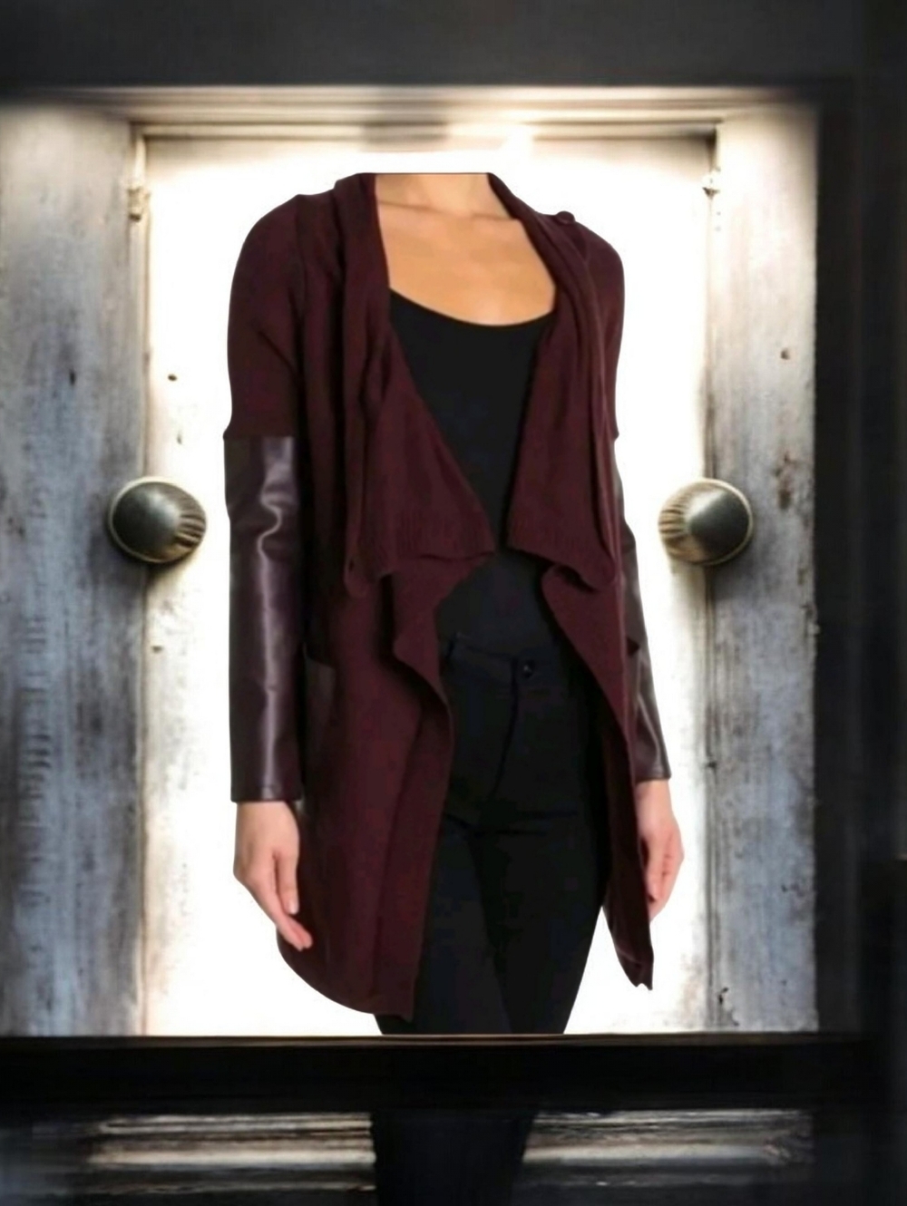 Burgundy Knit & Faux Leather Sleeve Open Front Cardigan - Small NWT - Picture 1 of 10